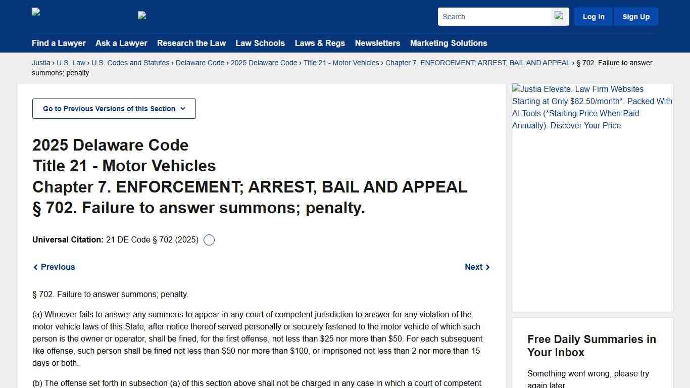 21 Delaware Code § 702 (2025) - Failure to answer summons; penalty. :: 2025 Delaware Code :: U.S. Codes and Statutes :: U.S. Law :: Justia