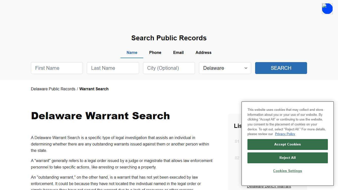 Delaware Warrant Search and Records